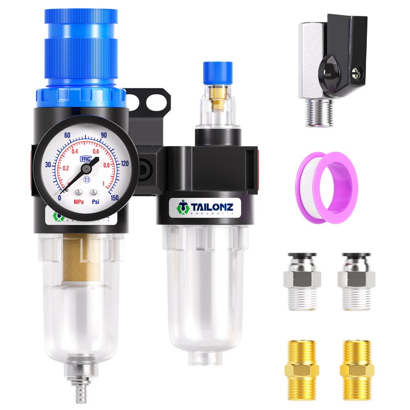TAILONZ PNEUMATIC 1/4 Inch NPT AFC2000 Air Filter Pressure Regulator Kitï¼ˆ0-145 Psiï¼‰5 Micron Brass Element Air Tool Compressor Filter with Gauge and Lubricator Cup - Image 1